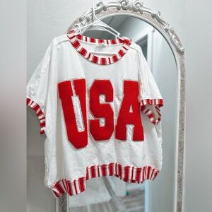 White Cropped Tee with Red "USA" Chenille Letters